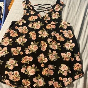 Black tank top with pink rose pattern